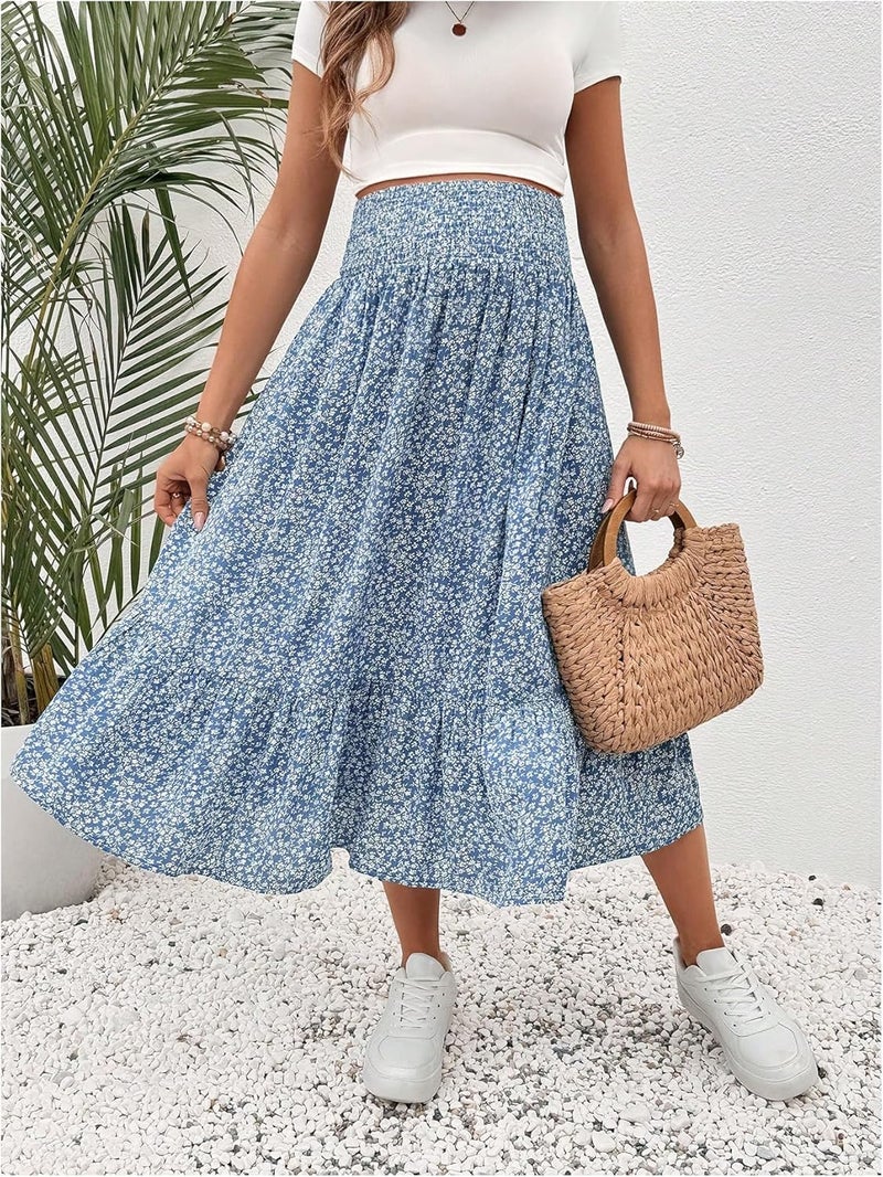 OYOANGLE Women's Maternity Floral Print Boho Midi Skirt Shirred High Waisted Flowy Casual Pregnancy Long Skirts - Image 4